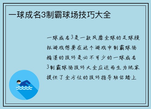 一球成名3制霸球场技巧大全