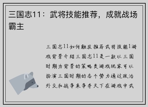 三国志11：武将技能推荐，成就战场霸主